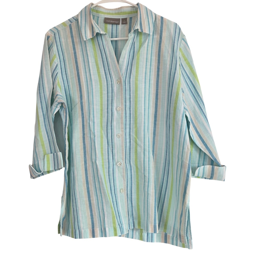 Westbound Striped Button Up Shirt Women Size 16 Blue Casual Wrinkle Free